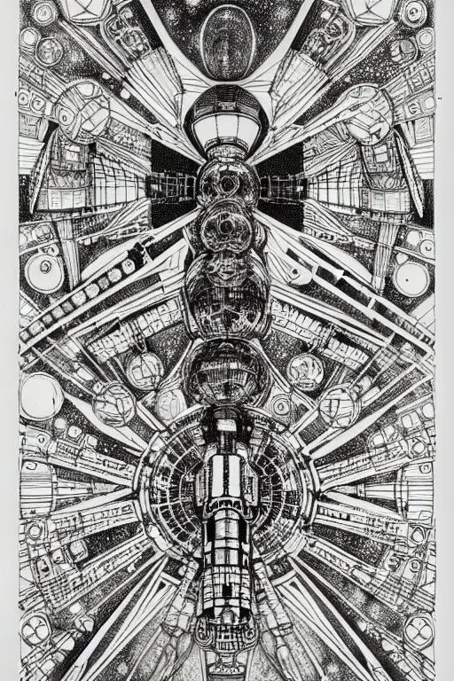 Image similar to a black and white drawing of an international space station, bioluminescence, a detailed mixed media collage by eduardo paolozzi and ernst haeckel, intricate linework, sketchbook psychedelic doodle comic drawing, geometric, deconstructivism, matte drawing, academic art, constructivism