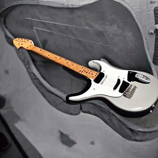 Image similar to photo of a stratocaster electric guitar sitting idle during the moon landing. detailed