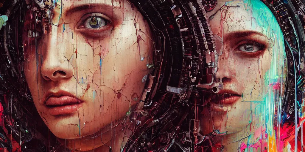 Image similar to portrait of Virgin Mary,8k,by tristan eaton,Stanley Artgermm,Tom Bagshaw,Greg Rutkowski,Carne Griffiths, Ayami Kojima, Beksinski, Giger,trending on DeviantArt,face enhance,hyper detailed,minimalist,cybernetic, android, blade runner,full of colour, super detailed