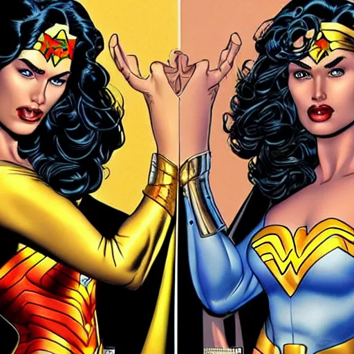 Image similar to a beautiful realistic portrait of Trinity and Wonder-woman by Brian Bolland, trending on ArtStation