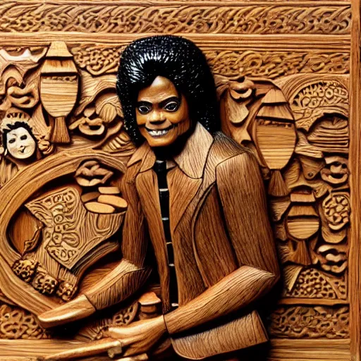 Image similar to intricate wood carving of michael jackson having a picnic