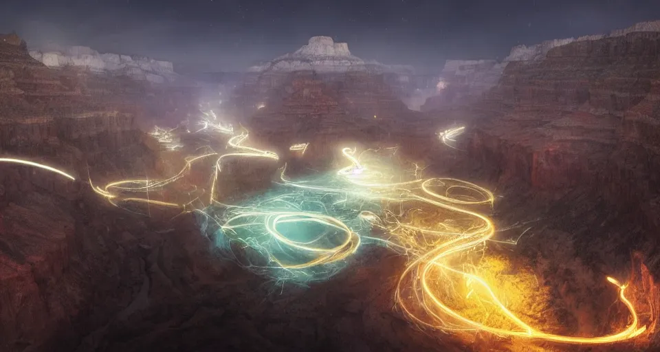 Image similar to night, a lot of people and a spiral - shaped white luminous attractor is floating in grand canyon, concept art, art for the game, professional lighting, art