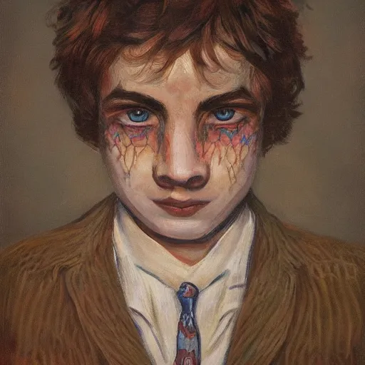 Image similar to portrait of a disillusioned young man, drained of energy by the artistic struggle, by louis wain and johanna martine, trending on artstation