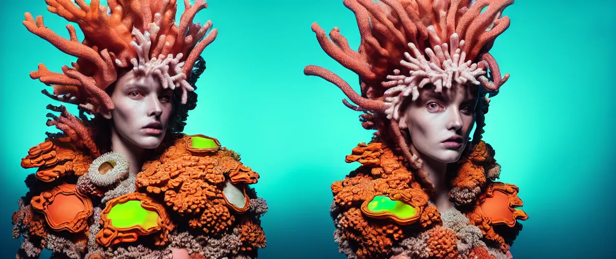 Image similar to hyperrealist highly detailed english medieval portrait of high fashion monster wearing reef armor, radiating atomic neon corals, concept art pascal blanche dramatic studio lighting 8k wide angle shallow depth of field