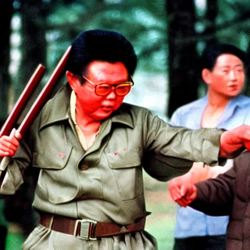 Image similar to filmstill of Kim Jong-il wearing a red bandana and aiming an arc in the role of Rambo, cinemascope, Eastman Color Negative 50T 5251 Neg. Film