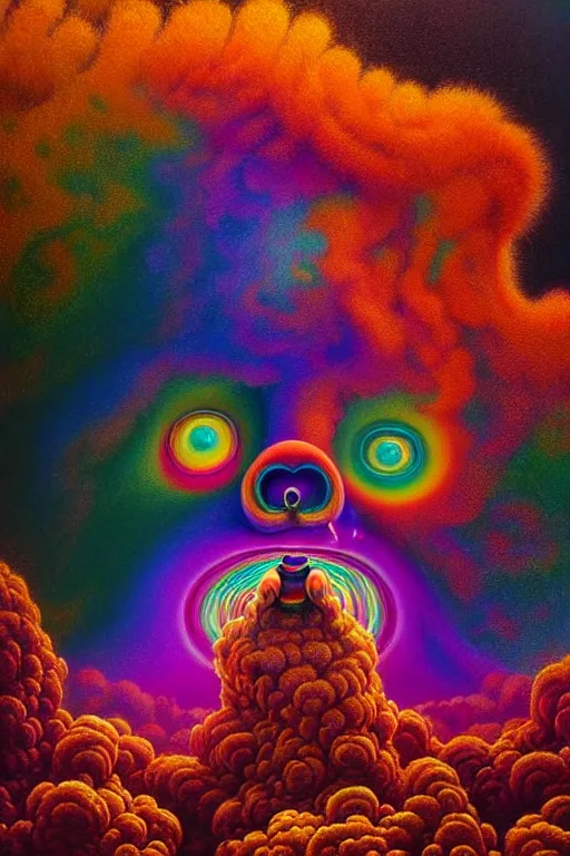 Prompt: hyperrealistic close-up baroque psychedelic!! celestial organic happy fluffy monster!! peaceful kind spirit of nature highly detailed concept art eric zener elson peter cinematic hard rainbow lighting high angle hd 8k sharp shallow depth of field, inspired by Zdzisław Beksiński