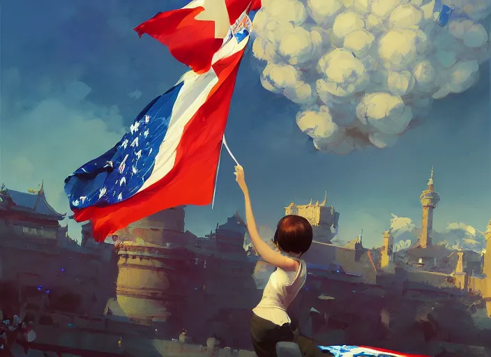 Image similar to gorgeous girl waving a China flag over her head running with Mandelbrot fractal enthusiastic crowd by Craig Mullins, ilya kuvshinov, krenz cushart, artgerm trending on artstation by Edward Hopper and Dan Mumford and WLOP and Rutkovsky, Unreal Engine 5, Lumen, Nanite