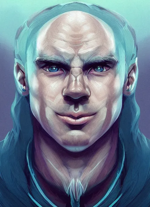 Image similar to head-on symmetrical centered painted portrait, a smiling bald and clean shaven androgynous man with completely blue skin in his twenties as a D&D wizard, fantasy, intricate, elegant, highly detailed, digital painting, smooth, sharp focus, illustration, artstation, in the style of Artgerm and Anna Podedworna and Charlie Bowater and Michael Garmash