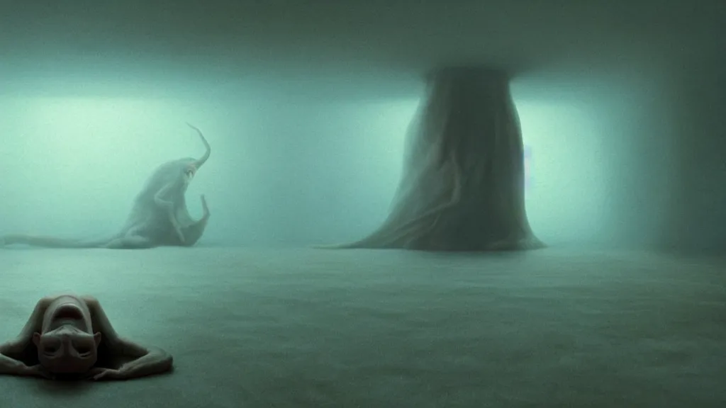 Prompt: a strange creature crawls on the living room ceiling, film still from the movie directed by Denis Villeneuve with art direction by Zdzisław Beksiński, wide lens