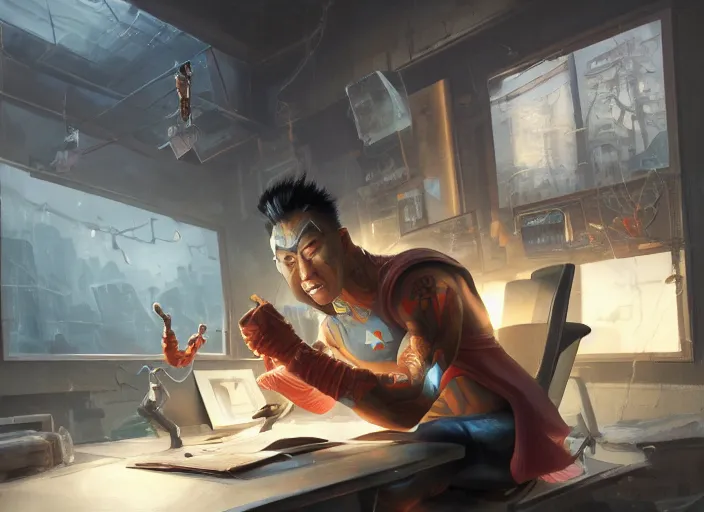 Image similar to an insanely detailed painting of an asian man wearing a homemade superhero costume, sitting at a desk, staring at the nervously at the computer and typing, in the style of peter mohrbacher, dramatic lighting and composition, surreal background, octane render, pixar, trending on artstation, concept art, comic book, view from behind