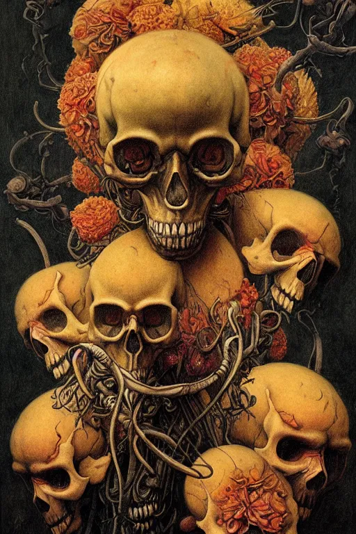 Prompt: portrait of skullcandy, cayenne flowers and knives in the style of wayne barlowe, gustav moreau, goward, bussiere, roberto ferri, santiago caruso, luis ricardo falero, austin osman spare