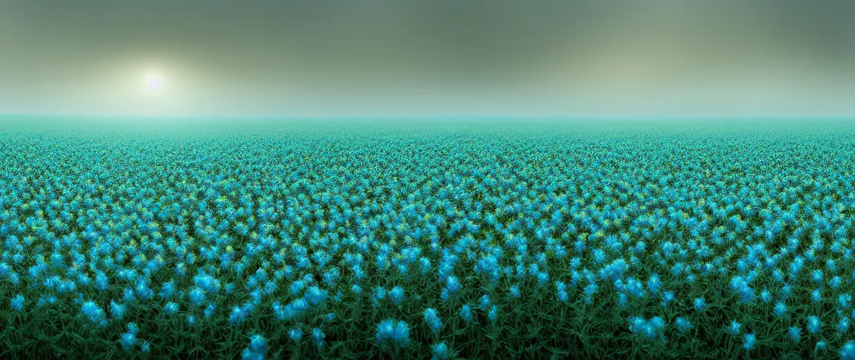 Image similar to hyperrealist highly detailed neo-baroque flowery foggy field concept art pascal blanche key sage dramatic teal lighting 8k wide angle shallow depth of field