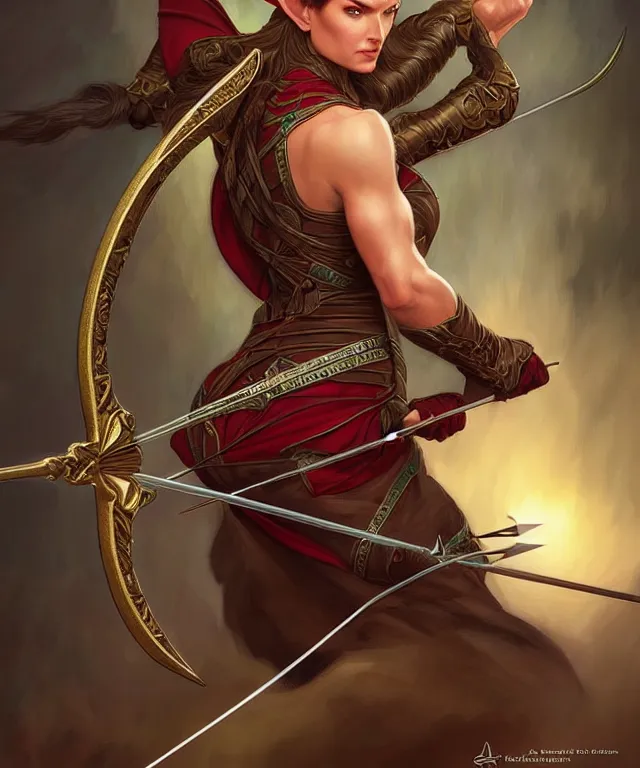 Image similar to a strong powerful angry fantasy elf woman with a bow and arrow, portrait, fantasy, intricate, elegant, highly detailed, digital painting, artstation, concept art, smooth, sharp focus, illustration, art by artgerm and larry elmore and alphonse mucha