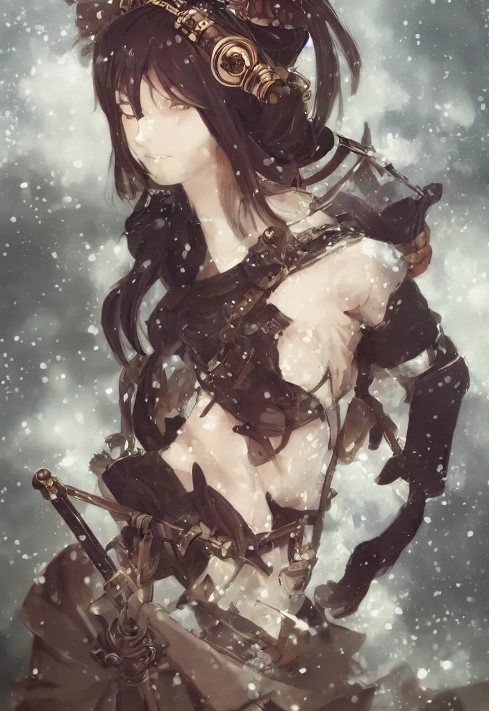 Prompt: portrait of steampunk girl samurai with double swords combat pose in snow forest trending on artstation krenz cushart