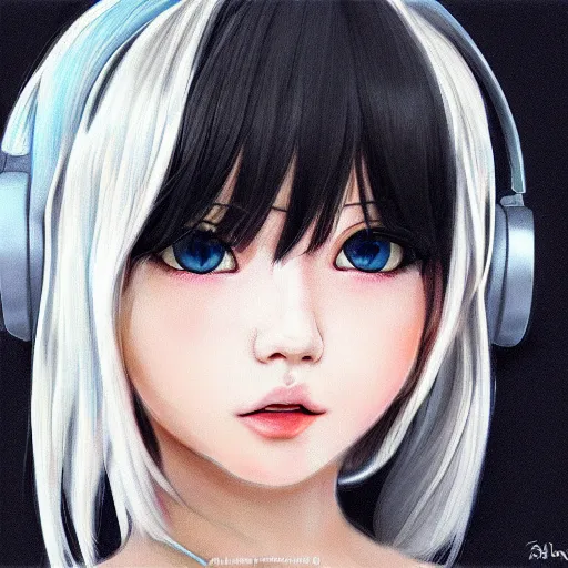 Image similar to realistic detailed semirealism beautiful gorgeous natural cute excited happy Blackpink Lalisa Manoban white hair white cat ears blue eyes, wearing black camisole outfit, headphones, black leather choker artwork drawn full HD 4K high resolution quality artstyle professional artists WLOP, Aztodio, Taejune Kim, Guweiz, Pixiv, Instagram, Artstation