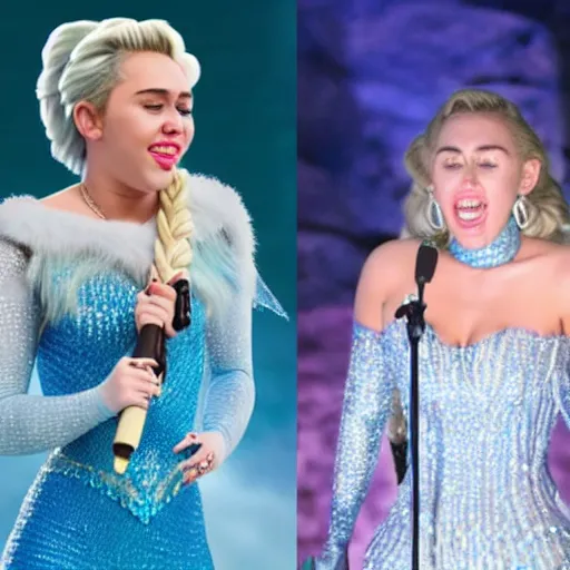 Image similar to miley cyrus as elsa in live action disney frozen, 8k resolution, full HD, cinematic lighting, award winning, anatomically correct