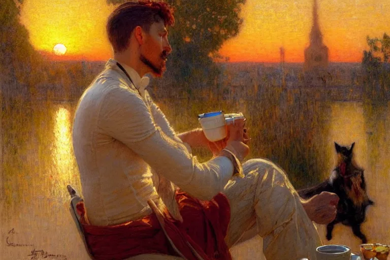 Prompt: attractive man drinking coffee, sunset, painting by gaston bussiere, carl larsson, tom of finland, trending on artstation