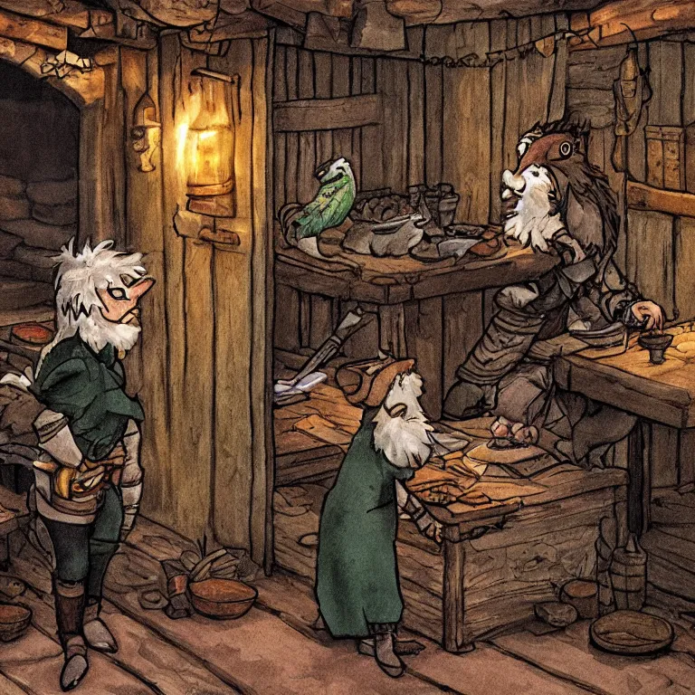 Image similar to a single emu in a halfling tavern, fantasy rpg book illustration