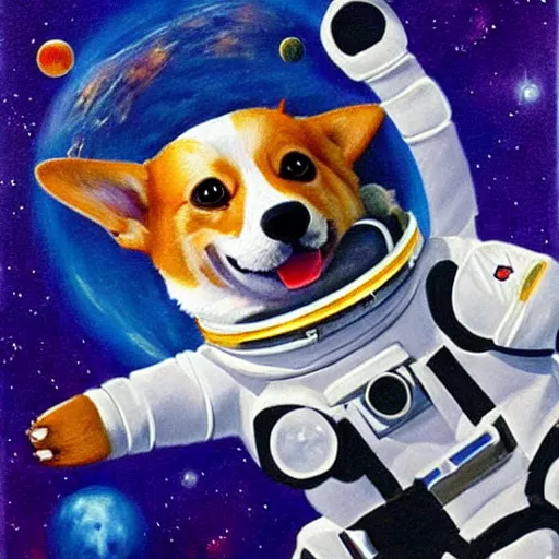 Prompt: surrealist painting of a corgi astronaut floating in outer space