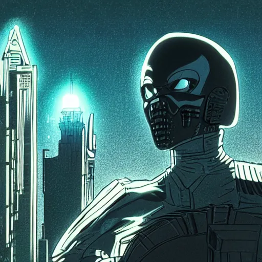 Prompt: a dark face character by moebius, metal hurlant, akira. obscure render 8 k photo. cityscape night light background