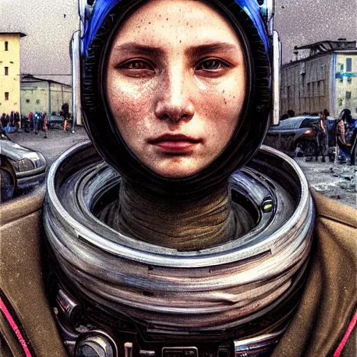 Image similar to A portrait of a cyberpunk gopnik on the street of a Russian city on the moon, Norilsk, sci-fi, fantasy, intricate, very very beautiful, elegant, highly detailed, digital painting, artstation, concept art, smooth, sharp focus, illustration, art by artgerm and greg rutkowski and alphonse mucha