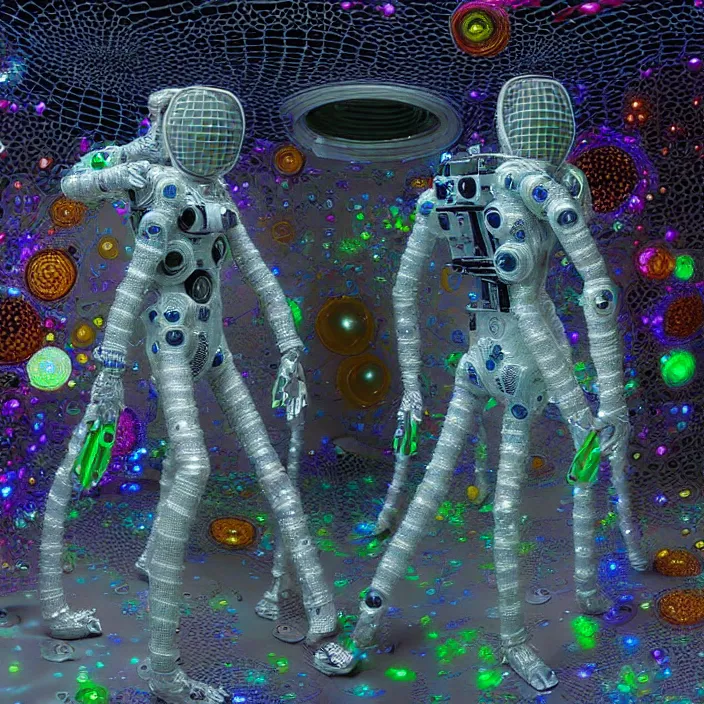 Image similar to a cybernetic symbiosis of a single astronaut mech-organic eva suit made of pearlescent wearing knitted shiny ceramic multi colored yarn thread infected with diamond 3d fractal lace iridescent bubble 3d skin dotted covered with orb stalks of insectoid compound eye camera lenses floats through the living room, film still from the movie directed by Denis Villeneuve with art direction by Salvador Dalí, wide lens,kevlar,carbon fiber,ceramics,gaseous materials,