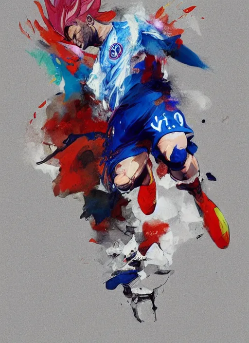 Image similar to semi reallistic gouache gesture painting, by yoshitaka amano, by ruan jia, by Conrad roset, by dofus online artists, detailed 3d render of neymar as sayajin, Neymar soccer player transformed on Super Saiyan, Neymar jr, portrait, cgsociety, artstation, rococo mechanical, Digital reality, sf5 ink style, dieselpunk atmosphere, gesture drawn