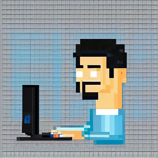 Prompt: pixel art of programmer in front of his computer station, pixel art, detailed, ideal symmetry, perfect pixel alignment, 8 k,