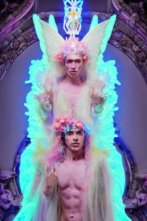 Prompt: full-body rococo and cyberpunk delicate neon crystalline sculpture of ((young muscular onyx albino Colombian prince)) as an iridescent humanoid deity wearing ((peach plastic hooded cloak)) (holding a human skull) in a white castle dungeon, reclining, glowing pink face, crown of (pink lasers), large blue diamonds, swirling black silk fabric. futuristic elements. oozing glowing liquid, full-length view. space robots. intricate artwork by caravaggio. Trending on artstation, octane render, cinematic lighting from the right, hyper realism, octane render, 8k, depth of field, 3D