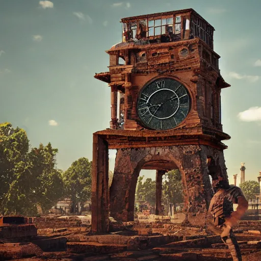 Image similar to vast archaeological ruins featuring a giant clock tower made of rusty scrap parts, trending on artstation, highly detailed, cinematic