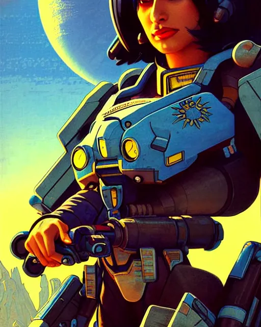 Prompt: pharah from overwatch, battletech, character portrait, portrait, close up, concept art, intricate details, highly detailed, vintage sci - fi poster, retro future, vintage sci - fi art, in the style of chris foss, rodger dean, moebius, michael whelan, and gustave dore