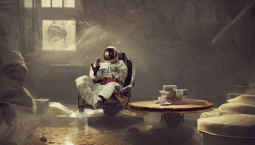 Prompt: astronaut sitting in armchair with cup of coffee with steam, terraformed mars, wide shot, digital painting, intricate details, trending on artstation, concept art, octane render, realistic, highly detailed, smooth, sharp focus, beautiful, 4 k, 8 k, hd, art by charlie bowater and artgerm and greg rutkowski