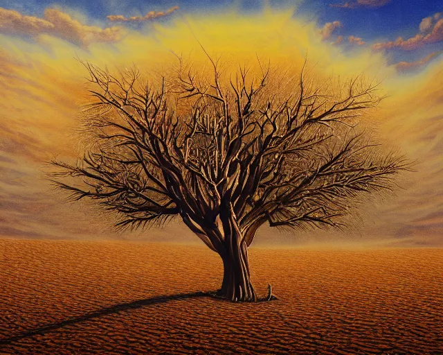 Prompt: a painting of a tree in the desert, an airbrush painting by breyten breytenbach, detailed sand pattern, cgsociety, neo - primitivism, airbrush art, dystopian art, apocalypse landscape