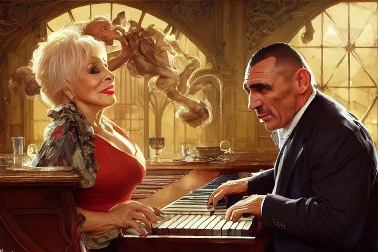 Image similar to barbara windsor singing in a pub, vinnie jones is watching, einstein is playing the piano, real life skin, intricate, elegant, highly detailed, artstation, concept art, smooth, sharp focus, art by artgerm and greg rutkowski and alphonse mucha