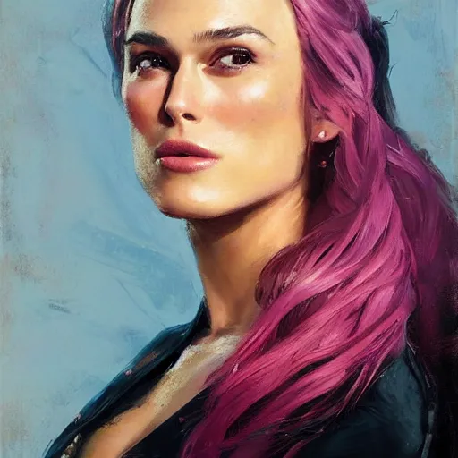 Prompt: greg manchess portrait painting of confident keira knightley with pink hair as beautiful thick female bodybuilder zarya from overwatch, medium shot, asymmetrical, profile picture, organic painting, sunny day, matte painting, bold shapes, hard edges, street art, trending on artstation, by huang guangjian and gil elvgren and sachin teng