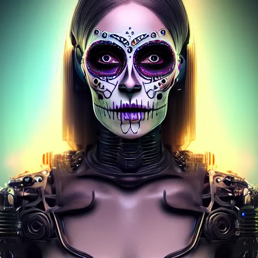 Image similar to ultra detailed, portrait of Female Android, dia de los muertos, scifi, cyberpunk, fantasy, intricate details, eerie, movie still, airbrush, matte painting, professional digital painting, artstation, concept art, smooth, sharp focus, no blur, no dof, extreme illustration, Unreal Engine 5, Photorealism, HD quality, 8k resolution, cinema 4d, 3D, beautiful, cinematic, art by artgerm and Godmachine and michael welan and DZO and greg rutkowski and alphonse mucha and loish and WLOP