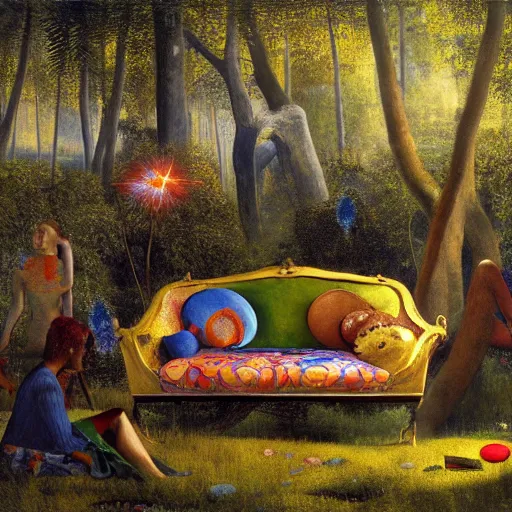 Image similar to psychedelic couch sofa in the lush forest, milky way, designed by arnold bocklin, jules bastien - lepage, tarsila do amaral, wayne barlowe and gustave baumann, cheval michael, trending on artstation, mediterranean, star, sharp focus, colorful refracted sparkles and lines, soft light, 8 k 4 k