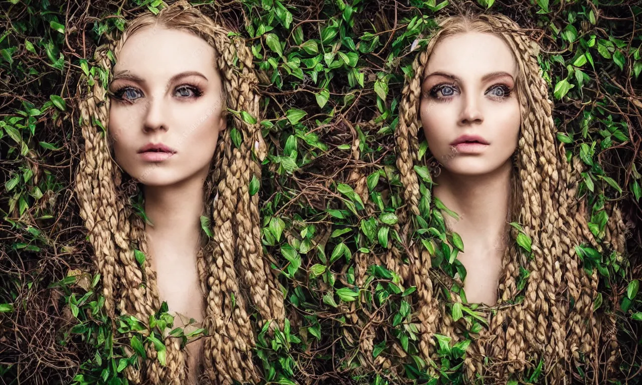 Prompt: beautiful blonde woman with plaits intertwined with vines, third eye on forehead, forest fae, psychedelic mushrooms, magic, mystical, white witch, photorealistic, portrait, sacred geometry