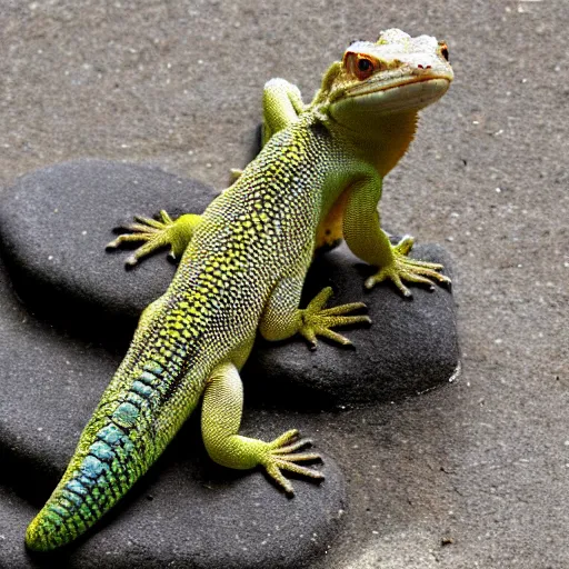 Prompt: angry gecko sitting on the stone