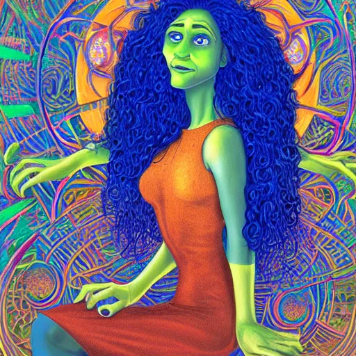 Image similar to elaborate, chaotic by alex grey, by jules tavernier electric blue, shrek. a beautiful illustration of a woman with long curly hair, wearing a white dress & sitting in a chair in front of a window with a view of a mountainside.