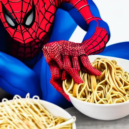 Prompt: close up zoom photo of spiderman eating noodles