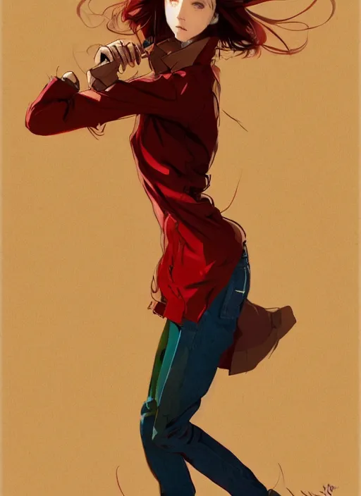 Prompt: full - body shot of an attractive tomboy girl with long, crimson red hair and red eyes, wearing a brown, open jacket and green jeans with a stern look, concept art, character design, by wlop, by ross draws, by tomine, by satoshi kon, by rolf armstrong, by peter andrew jones, beksinski