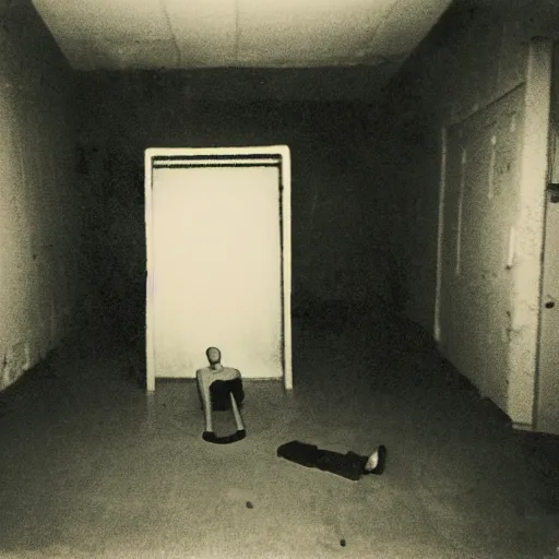 Image similar to Photograph of an old black room with a mannequin, dust in the air, brown wood cabinets, SCP, taken using a film camera with 35mm expired film, bright camera flash enabled, award winning photograph, sleep paralysis demon crabwalking towards camera, creepy, liminal space, in the style of the movie Pulse