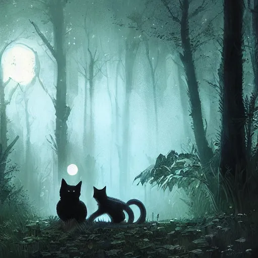 Prompt: little black cat in the fantasy forest, shining in the moonlight, by greg rutkowski