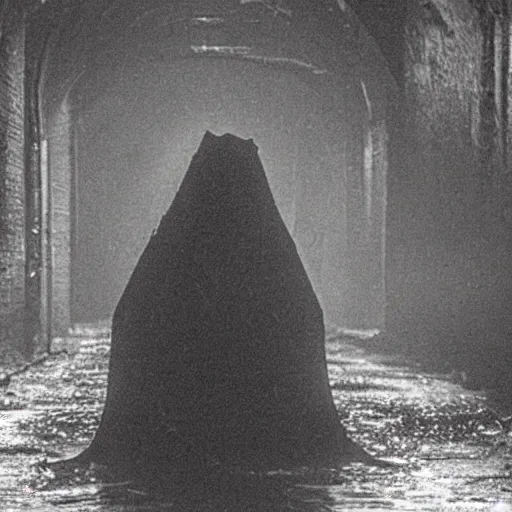 Prompt: down in the sewers of london, dark damp atmosphere, water dripping from the moss covered ceiling, a sinister dark figure is standing at the end of the sewer,
