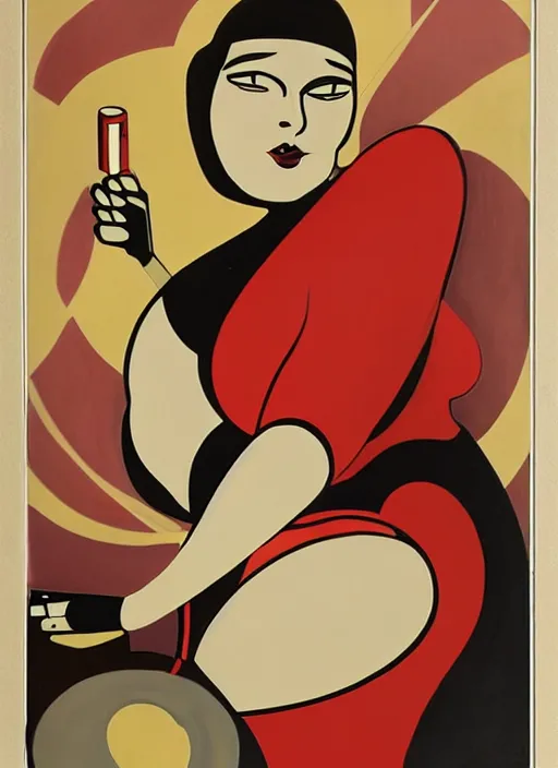 Prompt: art-deco painting of a curvy robot lady smoking a cigarette with a cigarette-holder