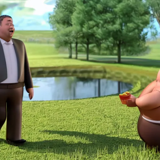 Image similar to a slightly overweight male pastor, walking by a pond, eating a sandwich, 3d render, cinematic shot, hyper realistic