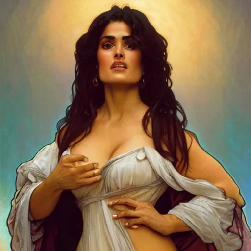 Image similar to salma hayek medium shot portrait by alphonse mucha, playful, fantasy, medieval, beautiful face, perfect detailed eyes, vivid colrs, elegant, sharp focus, hyper - realistic, 4 k, unreal engine, highly detailed, hd, dramatic lighting by brom, trending on artstation