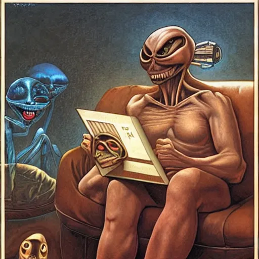 Image similar to alien watches tv to understand human culture, by gerald brom