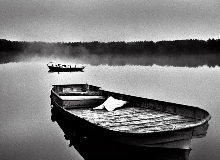 Prompt: lake by Andrei Tarkovsky, big monster eating boat, mist, lomography photo effect, monochrome, noise grain film